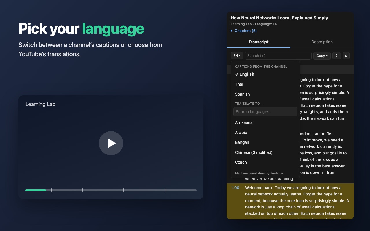 The language menu open in Lineskip, listing channel captions and a searchable list of translations