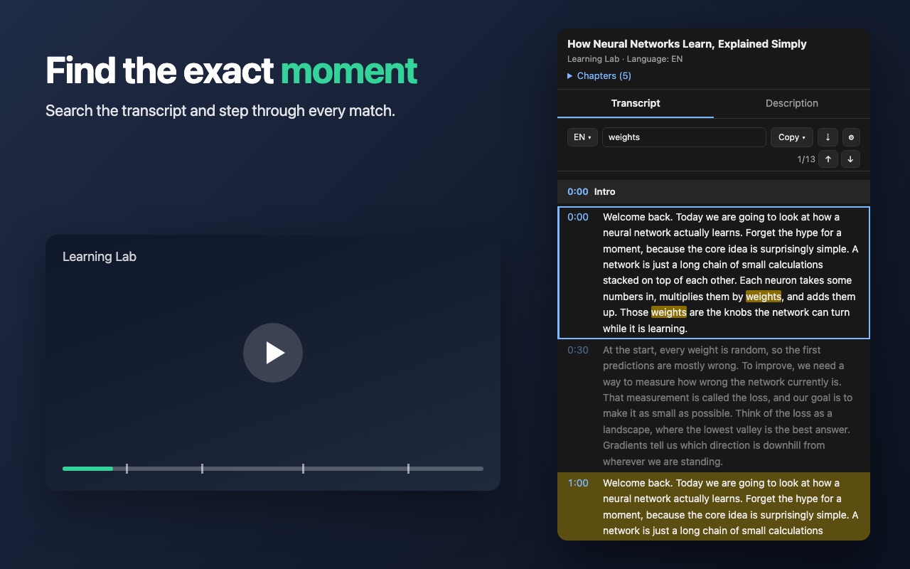 Searching the transcript in Lineskip with matches highlighted and a match counter